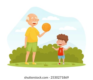 Senior Man Character Play Basketball with Little Grandson Vector Illustration