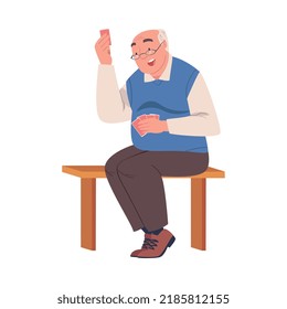 Senior Man Character Playing Cards Game Sitting on Chair Vector Illustration