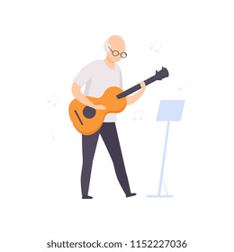 Senior man character playing guitar, elderly people leading an active lifestyle social concept vector Illustration on a white background