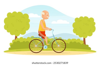 Senior Man Character Ride Bicycle in Park Vector Illustration