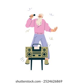 Senior Man Character Sing with Microphone Vector Illustration