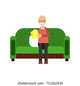 Senior man character sitting on green sofa and reading a book colorful vector Illustration