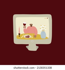 An Senior Man Character Is Sitting At A Table With A Glass Of Wine And Chatting Online, Arranging A Remote Date On The Computer. Online Dating, Technology Concept