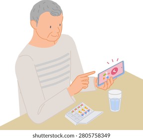 A senior man checking a medication management app on his smartphone while holding a pill case and a glass of water.