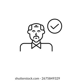 Senior man and checkmark. Verified profile, authentication and health checkup passed. Safe for seniors. Pixel perfect, editable stroke vector icon