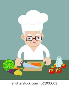 Senior man in chef hat cooking vegetables and slicing a carrot. Vector illustration. Flat design, cartoon style. Man in the kitchen. Concept for stay-at-home dad doing domestic chores.