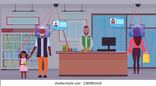 senior man with child standing at checkout counter customers identification facial recognition concept security camera surveillance cctv system grocery shop interior horizontal full length