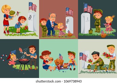 Senior man with children in military cemetery near grave with white monument to veteran, family boy and girl memory and remember war heroes, American flag tokens vector illustration