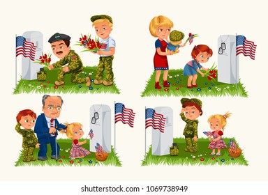 Senior man with children in military cemetery near grave with white monument to veteran, family boy and girl memory and remember war heroes, American flag tokens vector illustration