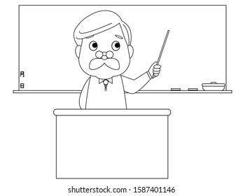 Senior man in the class with desk and board - black and white -