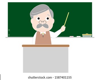 Senior man in the class with desk and board - no line -