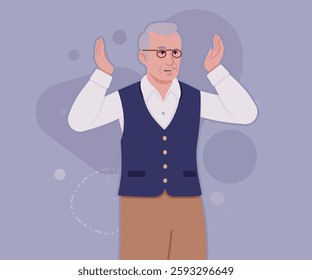 Senior man, classic vest, retro vintage glasses asking pose. University professor, lecturer, old experienced, grey hair, older grandfather. Vector flat style cartoon illustration, creative background