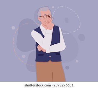 Senior man in classic vest, retro vintage glasses think pose. University professor, lecturer, old experienced, grey hair, older grandfather. Vector flat style cartoon illustration, creative background