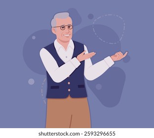 Senior man in classic vest, retro vintage glasses, speaker. University professor, lecturer, old experienced, grey hair, older grandfather. Vector flat style cartoon illustration, creative background