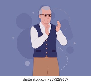 Senior man, classic vest, retro vintage glasses applaud pose. University professor, lecturer, old experienced, grey hair, older grandfather. Vector flat style cartoon illustration, creative background