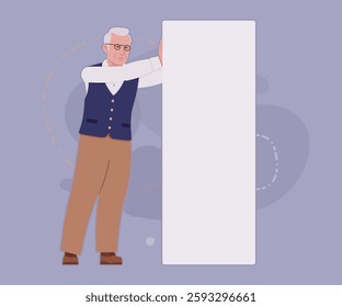 Senior man classic vest, retro vintage glasses banner pose. University professor, lecturer, old experienced, grey hair, older grandfather. Vector flat style cartoon illustration, creative background