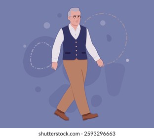 Senior man in classic vest, retro vintage glasses going pose. University professor, lecturer, old experienced, grey hair, older grandfather. Vector flat style cartoon illustration, creative background