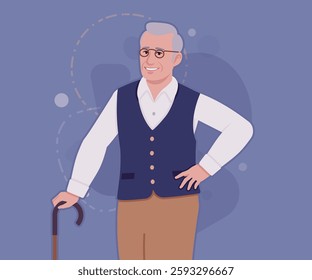 Senior man in classic vest, retro vintage glasses stand pose. University professor, lecturer, old experienced, grey hair, older grandfather. Vector flat style cartoon illustration, creative background