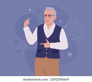 Senior man in classic vest, retro vintage glasses, speaker. University professor, lecturer, old experienced, grey hair, older grandfather. Vector flat style cartoon illustration, creative background