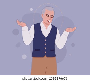 Senior man in classic vest, retro vintage glasses, talking. University professor, lecturer, old experienced, grey hair, older grandfather. Vector flat style cartoon illustration, creative background