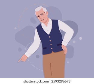 Senior man, classic vest, retro vintage glasses, finger point. University professor, lecturer, old experienced, grey hair, older grandfather. Vector flat style cartoon illustration creative background