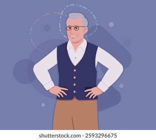 Senior man classic vest, retro vintage glasses standing pose. University professor, lecturer, old experienced, grey hair, older grandfather. Vector flat style cartoon illustration, creative background