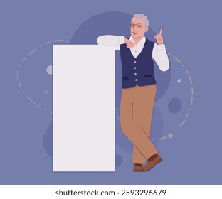 Senior man, classic vest, retro vintage glasses speaker pose. University professor, lecturer, old experienced, grey hair, older grandfather. Vector flat style cartoon illustration, creative background