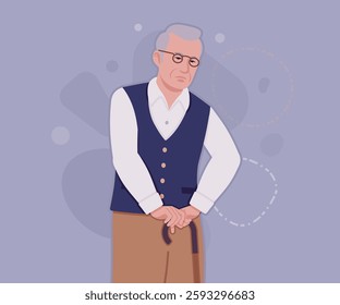 Senior man in classic vest, retro vintage glasses stand pose. University professor, lecturer, old experienced, grey hair, older grandfather. Vector flat style cartoon illustration, creative background