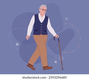 Senior man in classic vest, retro vintage glasses walk pose. University professor, lecturer, old experienced, grey hair, older grandfather. Vector flat style cartoon illustration, creative background