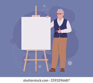 Senior man, classic vest, retro vintage glasses presentation. University professor, lecturer, old experienced, grey hair, older grandfather. Vector flat style cartoon illustration, creative background