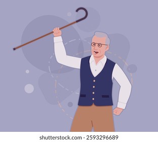 Senior man in classic vest, retro vintage glasses aggressive. University professor, lecturer, old experienced, grey hair, older grandfather. Vector flat style cartoon illustration, creative background