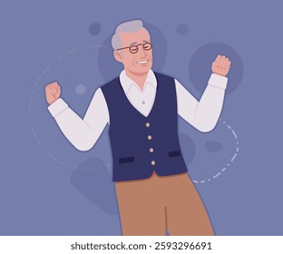 Senior man, classic vest, retro vintage glasses success pose. University professor, lecturer, old experienced, grey hair, older grandfather. Vector flat style cartoon illustration, creative background