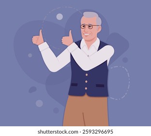 Senior man in classic vest, retro vintage glasses thumb up. University professor, lecturer, old experienced, grey hair, older grandfather. Vector flat style cartoon illustration, creative background