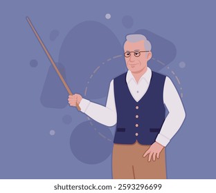 Senior man in classic vest, retro vintage glasses, pointing. University professor, lecturer, old experienced, grey hair, older grandfather. Vector flat style cartoon illustration, creative background