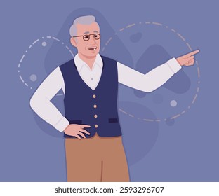 Senior man in classic vest, retro vintage glasses, showing. University professor, lecturer, old experienced, grey hair, older grandfather. Vector flat style cartoon illustration, creative background