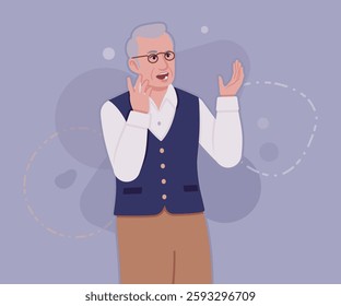 Senior man in classic vest, retro vintage glasses, talking. University professor, lecturer, old experienced, grey hair, older grandfather. Vector flat style cartoon illustration, creative background