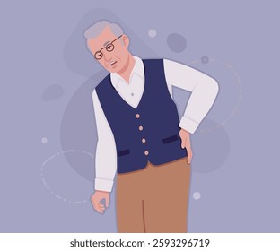 Senior man classic vest, retro vintage glasses backache pose. University professor, lecturer, old experienced, grey hair, older grandfather. Vector flat style cartoon illustration, creative background