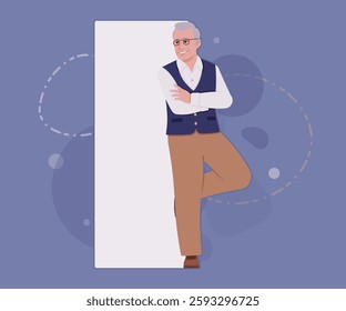 Senior man in classic vest, retro vintage glasses stand pose. University professor, lecturer, old experienced, grey hair, older grandfather. Vector flat style cartoon illustration, creative background