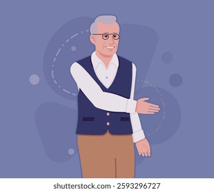 Senior man in classic vest, retro vintage glasses hello pose. University professor, lecturer, old experienced, grey hair, older grandfather. Vector flat style cartoon illustration, creative background