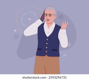 Senior man, classic vest, retro vintage glasses, phone call. University professor, lecturer, old experienced, grey hair, older grandfather. Vector flat style cartoon illustration, creative background