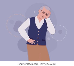 Senior man, classic vest, retro vintage glasses headache pose. University professor, lecturer, old experienced, grey hair older grandfather. Vector flat style cartoon illustration, creative background