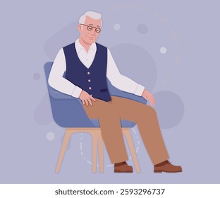 Senior man in classic vest, retro vintage glasses seat pose. University professor, lecturer, old experienced, grey hair, older grandfather. Vector flat style cartoon illustration, creative background