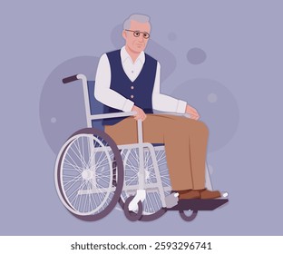 Senior man classic vest, retro vintage glasses in wheelchair. University professor, lecturer, old experienced, grey hair, older grandfather. Vector flat style cartoon illustration, creative background