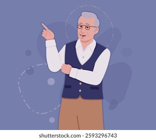 Senior man in classic vest, retro vintage glasses, speaking. University professor, lecturer, old experienced, grey hair, older grandfather. Vector flat style cartoon illustration, creative background