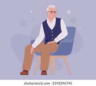 Senior man classic vest, retro vintage glasses sitting pose. University professor, lecturer, old experienced, grey hair, older grandfather. Vector flat style cartoon illustration, creative background