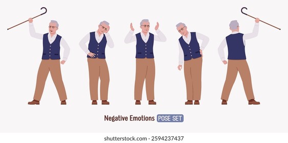 Senior man in classic vest, retro vintage glasses, negative emotion set. University professor, lecturer, old experienced, grey hair, older elegant grandfather. Vector flat style cartoon illustration