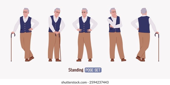 Senior man in classic vest, retro vintage glasses, stand set. University professor, lecturer, old experienced, grey hair, older elegant nice looking grandfather. Vector flat style cartoon illustration