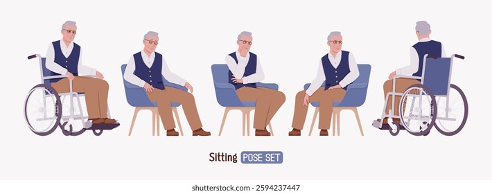 Senior man in classic vest, retro vintage glasses, wheelchair user set. University professor, lecturer, old experienced, grey hair, older elegant grandfather. Vector flat style cartoon illustration