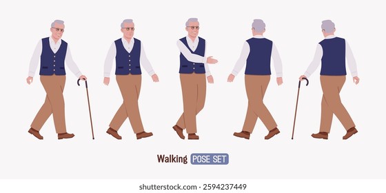 Senior man in classic vest, retro vintage glasses, walk set. University professor, lecturer, old experienced, grey hair, older elegant nice looking grandfather. Vector flat style cartoon illustration