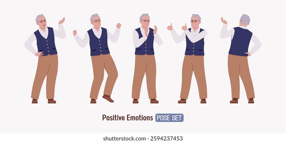 Senior man in classic vest, retro vintage glasses, positive emotion set. University professor, lecturer, old experienced, grey hair, older elegant grandfather. Vector flat style cartoon illustration